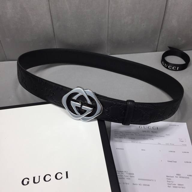 配送专柜全套礼盒包装 GUCCI 经典全皮压花 原版进口南非皮底 精品双G钢扣 宽度 40mm