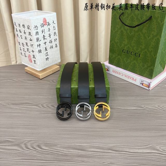 Gucc古奇g家 原单新品 带身采用雙面意大利進口原廠牛皮纹 非市场普通版本 黑色经典配色 百搭适合各种场合 扣头精品设计注意细节 宽度3.8Cm