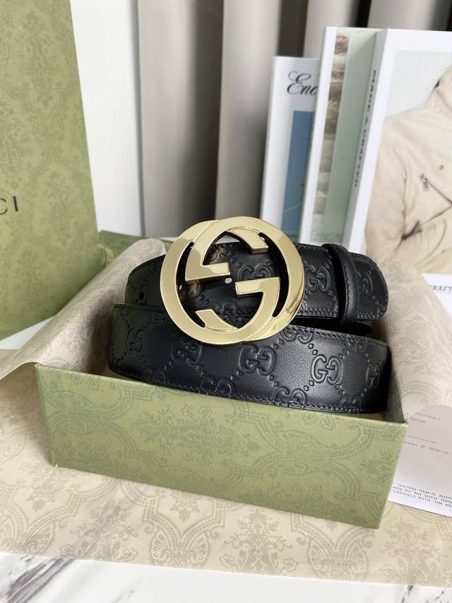 配全套包装礼盒 Gucci 经典款腰带 原版头层小牛皮压花搭配精品铜扣 真空电镀五金 永不掉色 宽度3.8Cm