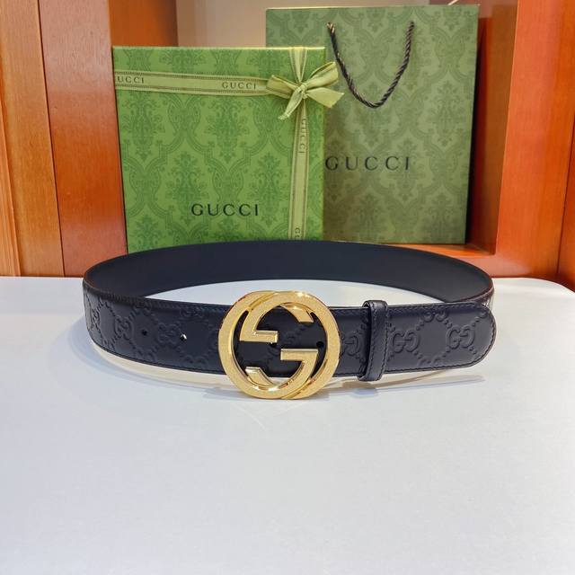 Gucci 古奇经典款 双面原厂小牛皮压花搭配精钢五金腰带 正品规格 3.8Cm