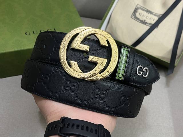 配全套专柜礼盒 Gucci 古驰 全套包装 3 8Cm进口小牛皮压花 专柜正品1:1完美复刻 原版牛皮底 采用热压印技术的gucci Signature