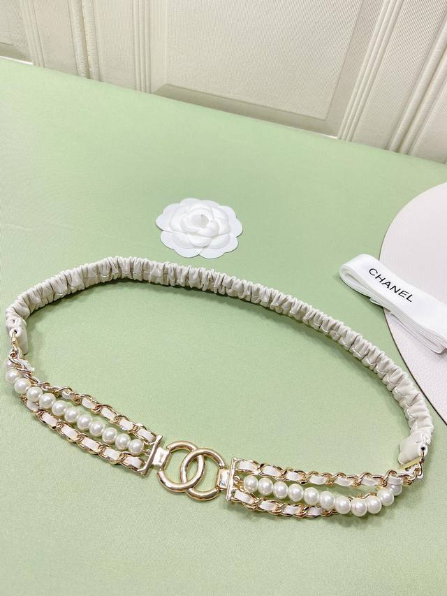 Chanel 小香小羊皮弹力腰带 金色金属与珍珠 2 0Cm