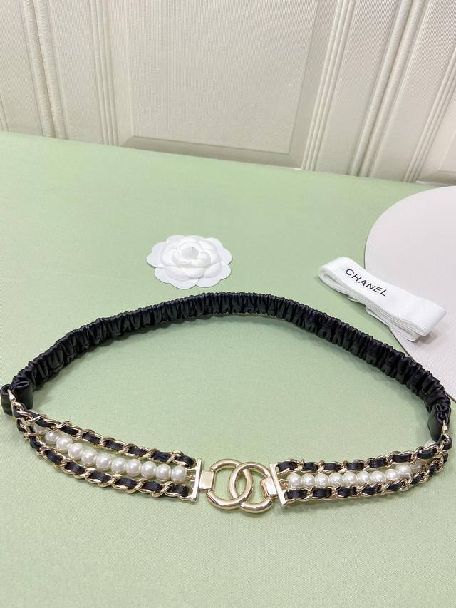 Chanel 小香小羊皮弹力腰带 金色金属与珍珠 2 0Cm