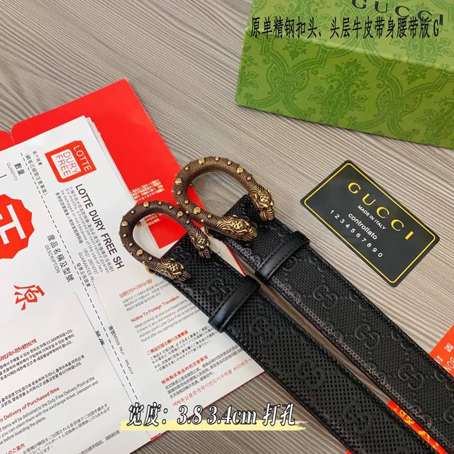 Gucc古奇g家 原单新品 带身采用雙面意大利進口原廠牛皮纹 非市场普通版本 黑色经典配色 百搭适合各种场合 扣头精品设计注意细节 宽度3.8 3.4Cm