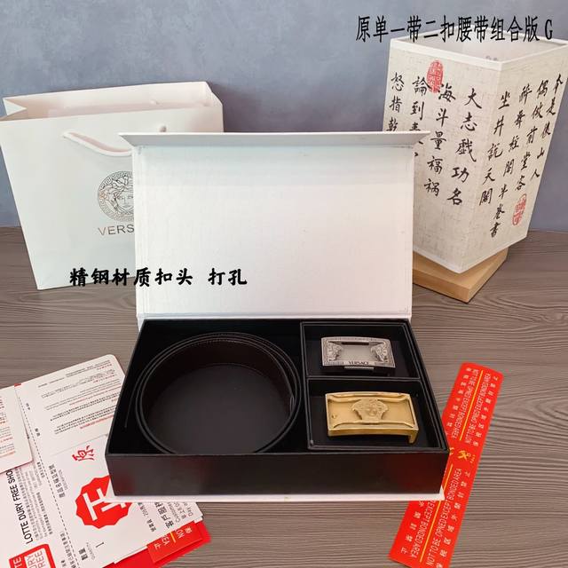 双头钢扣版范思哲家 1带2扣 正版开模 此款腰带双面采用原厂牛皮带身 精密电镀标志性纯钢搭扣 对版专柜 3.5Cm 如需木盒40