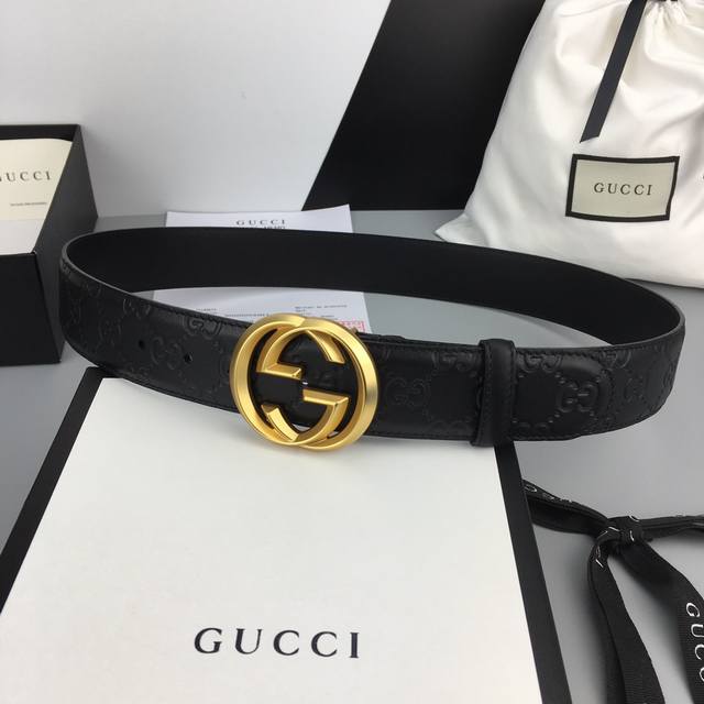 配全套包装礼盒 Gucci 经典全皮压花 原版进口南非皮底 精品双g钢扣 高端品质 不惧对比 宽度 40Mm