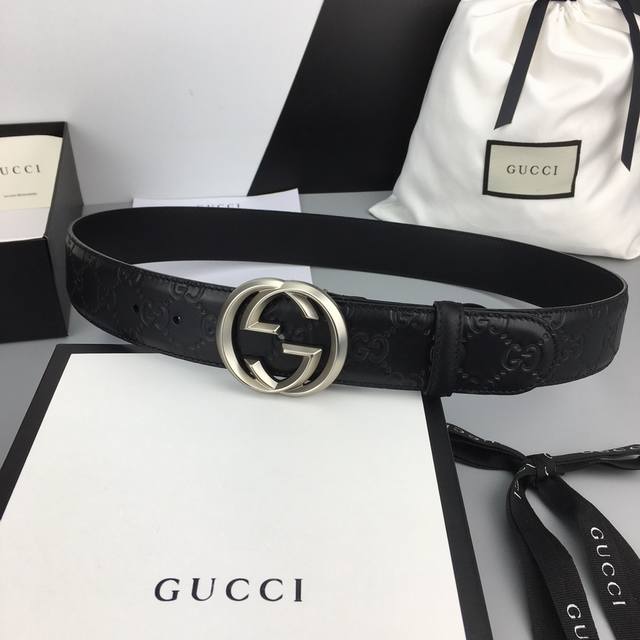 配全套包装礼盒 Gucci 经典全皮压花 原版进口南非皮底 精品双g钢扣 高端品质 不惧对比 宽度 40Mm