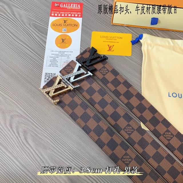 原版品质打孔 品牌 路易l家 男款 颜色 咖 扣头 金 银 黑 扣头 原版精品纯铜五金扣头 带身 原版牛皮 尺寸 宽约 3.8Cm 长约 95Cm-125Cm