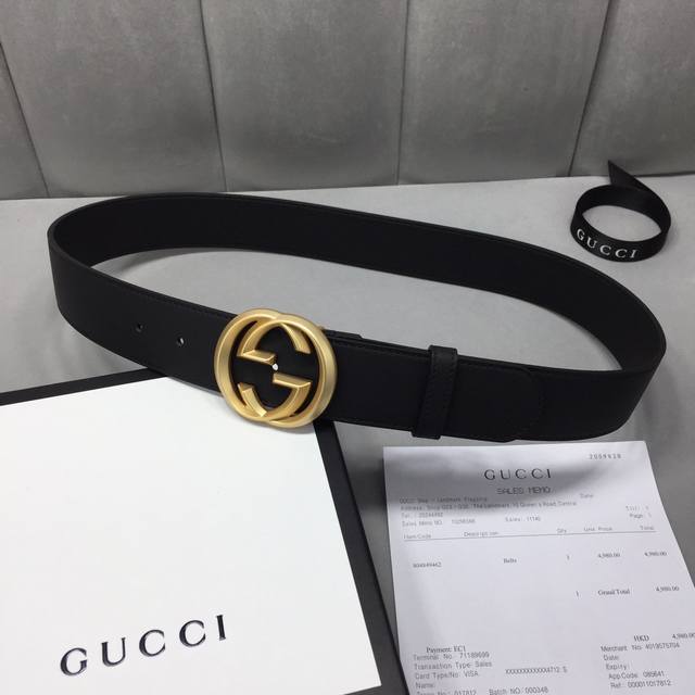 配送专柜全套礼盒包装 Gucci 修长真皮腰带采用原厂小牛皮精致而成 配以经典双g铜扣 宽度:3.8Mm手感柔软 品质保证 无忧售后