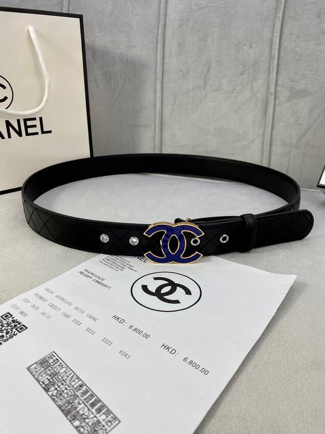 宽度3.0Cm Chanel 香奈儿 经典款车线方格两面头层牛皮手工精致 金 银 色磨胶钢扣