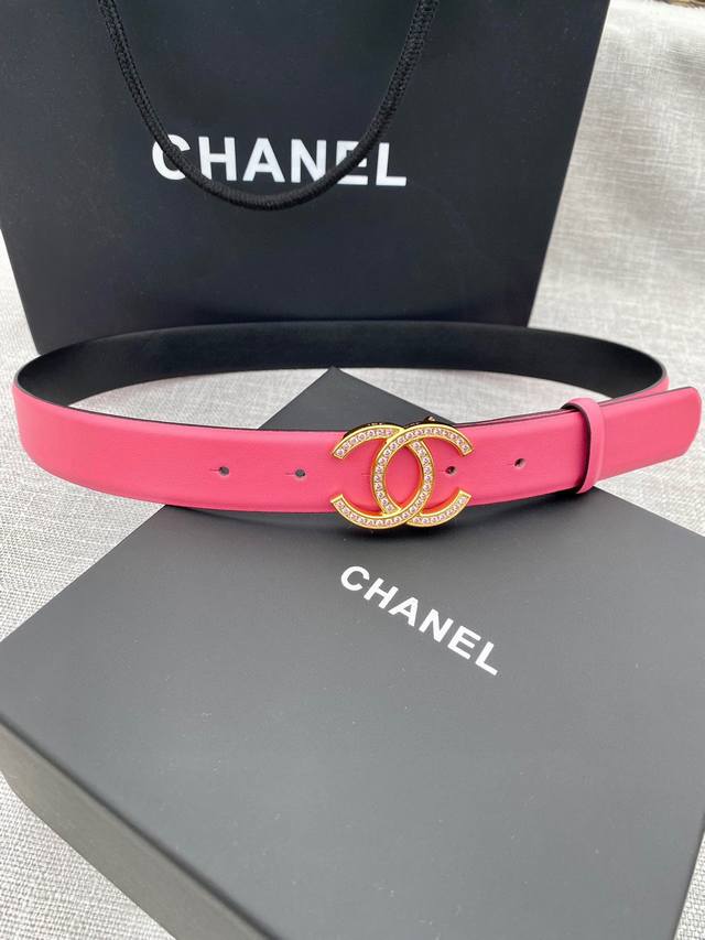 宽度3.0Cm Chanel 香奈儿 两面原版碰纹牛皮搭配钢扣 金 银 色镶钻钢扣