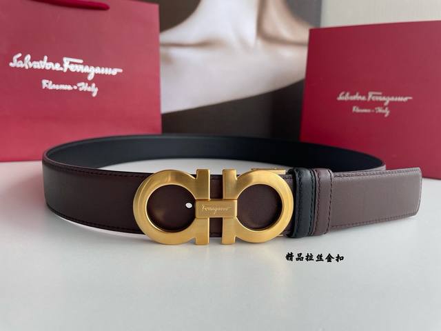 升级版精品款 Ferragamo菲拉格慕男士3.5Cm精品金属扣 加厚电镀层耐磨损不易褪色不易掉色防过敏 进口双面用头层牛皮 百搭耐看不过时