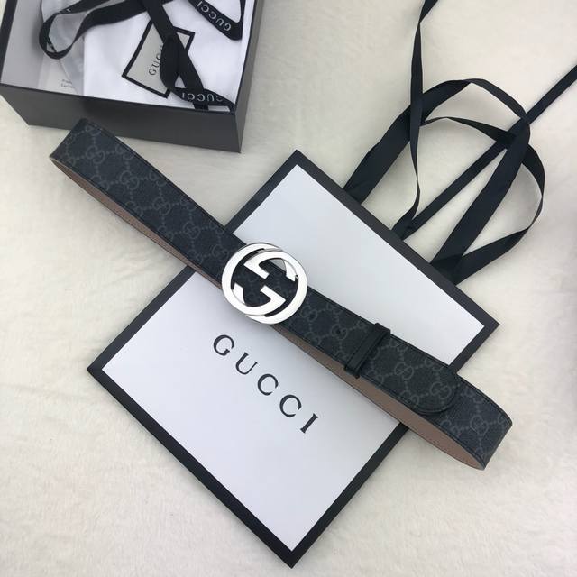 配全套包装盒 Gucci 古奇官网经典款 正品规格 原单品质 专柜pvc提花面料 头层进口变色磨砂底 官网40Mm 双g抛光亮面扣