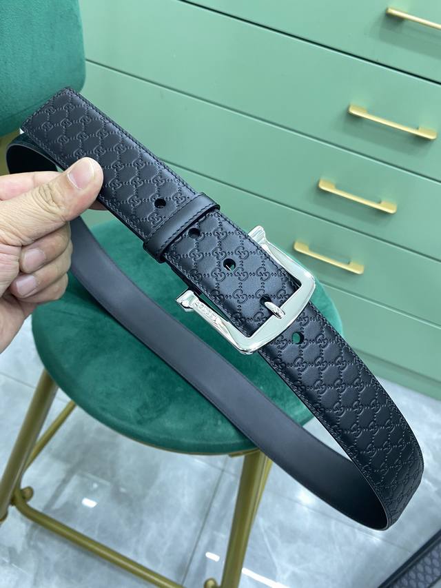 特 Gucci 古驰 进口牛皮革针扣 牛皮腰带黑色 宽4Cm 官网 得物 同款 压小花平尾 大孔款