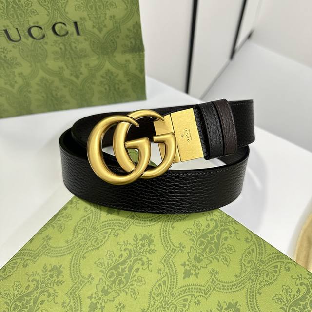 Gucci 黑咖双面进口togo粗荔枝皮，宽度3.7Cm 复古gg旋转扣 双面可用 可裁剪