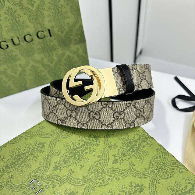 特 Gucci 473030 Kgdhhn 乌木色supreme Pvc老花 小牛皮黑底 宽度3.7Cm 圆双g旋转扣 双面可用 可裁剪