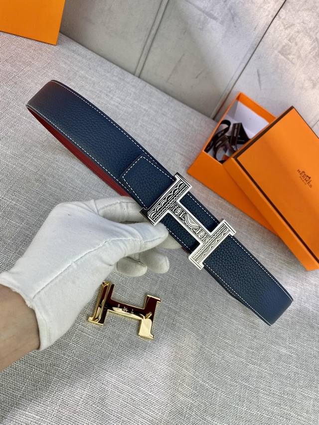 特 Hermes-H Belt Buckle & Reversible Leather Strap 38Mm 爱马仕专柜同步 进口双面小牛皮 精钢精品五金 双面