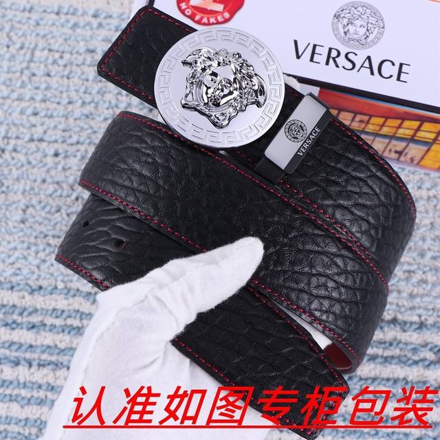 品名：Versace.范思哲原单 材料：百分百头层牛皮，保证真皮。24K纯钢扣双面可用专柜同等质量， 送人自用首选 包装： 请认准如图专柜包装，赠送打孔器，银联