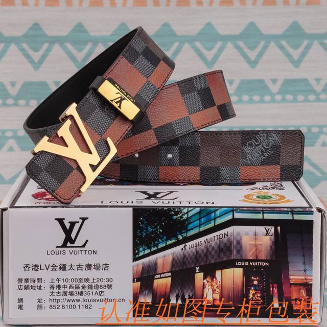 品名：Lv 皮带原单 腰带 材料：百分百头层牛皮腰带，保证真皮皮带，专柜原单品质、做工精细，送人自用首选 包装： 请认准如图专柜包装，赠送打孔器，银联发票，宽度