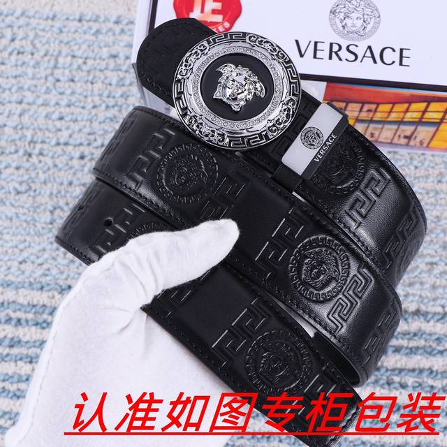 品名：Versace.范思哲原单 材料：百分百头层牛皮，保证真皮。24K纯钢扣双面可用专柜同等质量， 送人自用首选 包装： 请认准如图专柜包装，赠送打孔器，银联