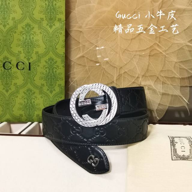 Gucci.古驰 全套包装 3.8Cm进口小牛皮压花, 专柜正品1:1完美复刻. 原版牛皮底, 采用热压印技术的gucci Signature皮革精制而成，触感