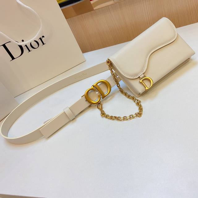 迪奥腰包，内侧饰以*Christian Dior Paris*标志 复古金色饰面金属，皮带宽度2.0Cm，包包可拆卸。 配图片包包