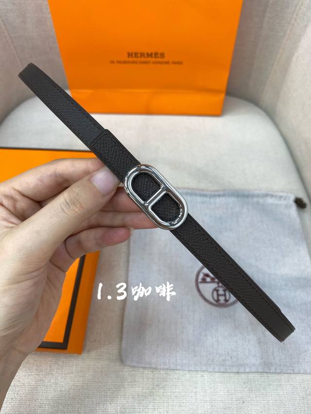 官网同步-Hermes-Glenan皮帶扣&雙面皮腰帶 13Mm 鍍鈀金属皮带扣 小牛皮双面腰带