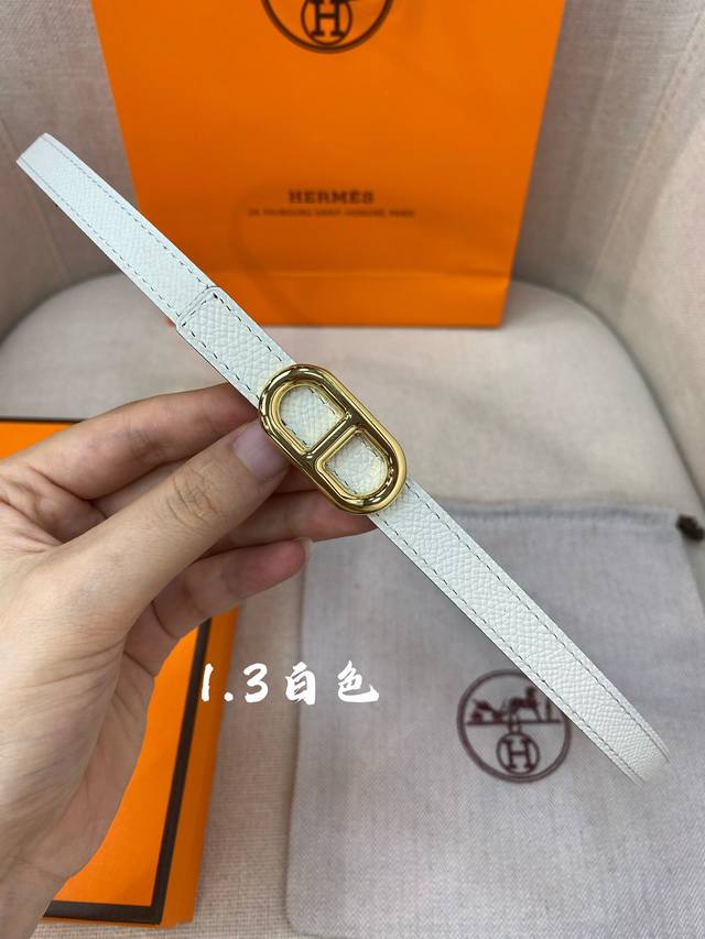 官网同步-Hermes-Glenan皮帶扣&雙面皮腰帶 13Mm 鍍鈀金属皮带扣 小牛皮双面腰带