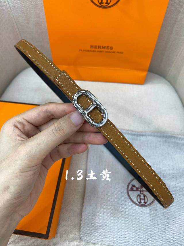 官网同步-Hermes-Glenan皮帶扣&雙面皮腰帶 13Mm 鍍鈀金属皮带扣 小牛皮双面腰带