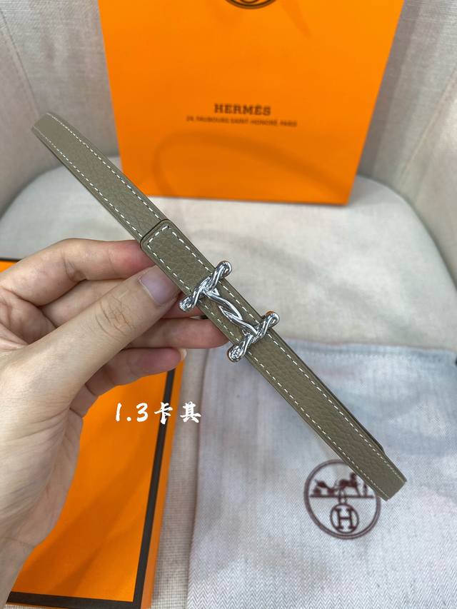 官网同步-Hermes-Glenan皮帶扣&雙面皮腰帶 13Mm 鍍鈀金属皮带扣 小牛皮双面腰带