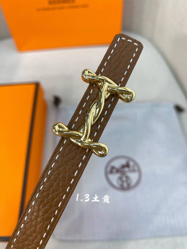 官网同步-Hermes-Glenan皮帶扣&雙面皮腰帶 13Mm 鍍鈀金属皮带扣 小牛皮双面腰带