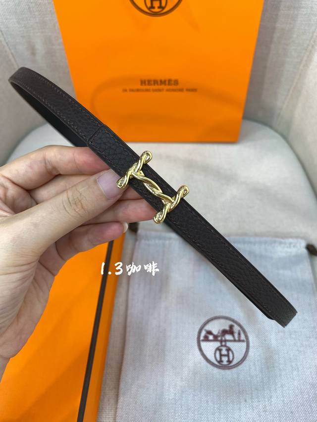 官网同步-Hermes-Glenan皮帶扣&雙面皮腰帶 13Mm 鍍鈀金属皮带扣 小牛皮双面腰带