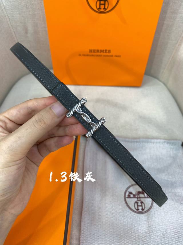 官网同步-Hermes-Glenan皮帶扣&雙面皮腰帶 13Mm 鍍鈀金属皮带扣 小牛皮双面腰带