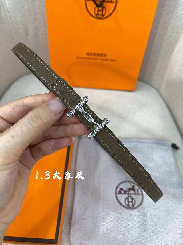 官网同步-Hermes-Glenan皮帶扣&雙面皮腰帶 13Mm 鍍鈀金属皮带扣 小牛皮双面腰带