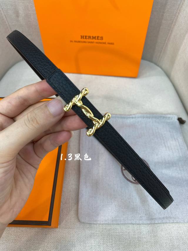 官网同步-Hermes-Glenan皮帶扣&雙面皮腰帶 13Mm 鍍鈀金属皮带扣 小牛皮双面腰带