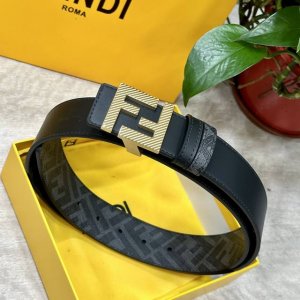图片包装 Fendi 芬迪 专柜同款 宽4.0Cm 双环正反用腰带 Ff按钉搭扣 黑色Cuoio Romano皮革材质 反面面料带有烟草黄和黑色Ff图案 黑色珐