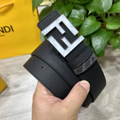 图片包装＋10 Fendi 芬迪 专柜同款 宽4.0Cm 双环正反用腰带 Ff按钉搭扣 黑色Cuoio Romano皮革材质 反面面料带有烟草灰和黑色Ff图案