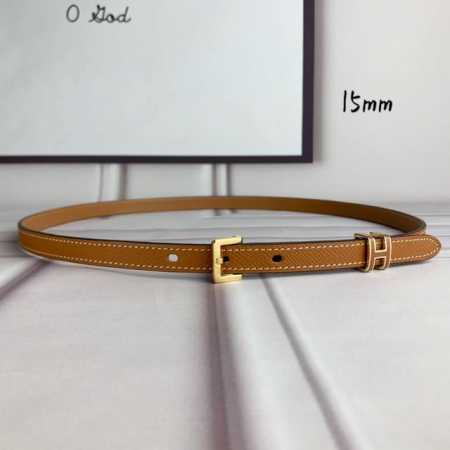 HermèS 爱马仕 女款针扣皮带 原单品质 进口头层牛皮 土黄色手掌纹面搭配土黄色原版底 15Mm宽 配精品金 银钢扣 - 点击图像关闭