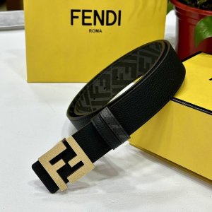 图片包装 Fendi 芬迪 专柜同款 宽4.0Cm 双环正反用腰带 Ff按钉搭扣 黑色Cuoio Romano皮革材质 反面面料带有烟草黄和黑色Ff图案 四方金