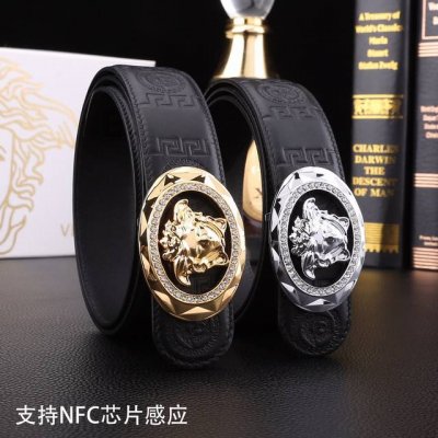 范思哲秘原单高档品质专柜官网同步支持Nfc感应宽度3.9精美镶钻扣头意大利双面进口头层小牛皮原版美人头花纹手感极佳 上身郊果棒男士最爱商务休闲两用长度 一125