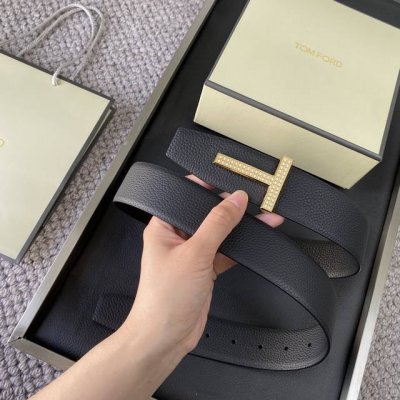Tom Ford 汤姆福特。新品高端双面小牛皮，简约商务男士腰带，不锈钢真空电镀24K金，手工镶钻，4.0Cm宽，双面使用，配原版包装