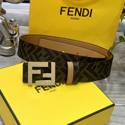 Fendi 芬迪 专柜同款 宽4.0Cm 双环正反用腰带 Ff按钉搭扣 土黄色Cuoio Romano皮革材质 反面面料带有烟草黄和黑色Ff图案 黑色珐琅金属饰