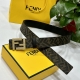 Fendi 芬迪 专柜同款 宽4.0Cm 双环正反用腰带 Ff按钉搭扣 黑色Cuoio Romano皮革材质 反面面料带有烟草黄和黑色Ff图案 四方金属饰面 时