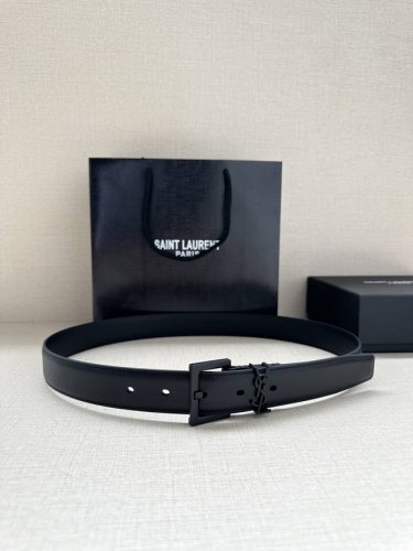 特 宽度3.0Cm Saint Laurent圣罗兰Ysl Monogram爆款粒面皮带搭配方扣窄腰带黑色女款