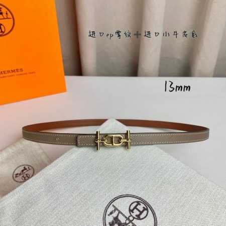 HermèS 爱马仕女款细腰带 原单品质 原版进口E手掌纹配进口小牛皮底 双面可用 灰色土黄色 13Mm宽 搭配H亮金 银扣 - 点击图像关闭