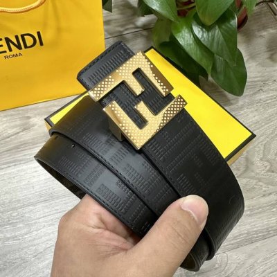 图片包装＋10 Fendi 芬迪 专柜同款 宽4.0Cm 双环正反用腰带 Ff按钉搭扣 黑色Cuoio Romano皮革材质 反面面料带有烟草黄和黑色Ff图案
