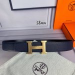 特 P190 HermèS[正]爱马仕 双头尖 双面原版 原单品质 进口头层牛皮 午夜蓝荔枝纹搭配黑色平纹 寸半38Mm 配官网H马拉车花纹亮金 亮银 亮枪扣