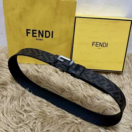 Fendi 芬迪 全套包装 专柜同款 宽4.0Cm 双环正反用腰带 Ff按钉搭扣 黑色Cuoio Romano皮革材质 反面面料带有烟草黄和黑色Ff图案 四方金 - 点击图像关闭