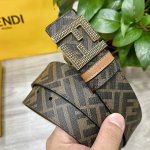 图片包装＋10 Fendi 芬迪 专柜同款 宽4.0Cm 双环正反用腰带 Ff按钉搭扣 土黄色Cuoio Romano皮革材质 反面面料带有烟草黄和黑色Ff图案