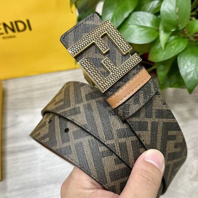 图片包装＋10 Fendi 芬迪 专柜同款 宽4.0Cm 双环正反用腰带 Ff按钉搭扣 土黄色Cuoio Romano皮革材质 反面面料带有烟草黄和黑色Ff图案